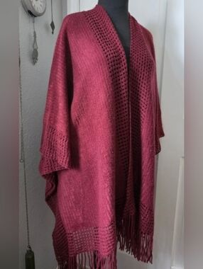 Max Studio Open Knit Fringe Poncho in Berry